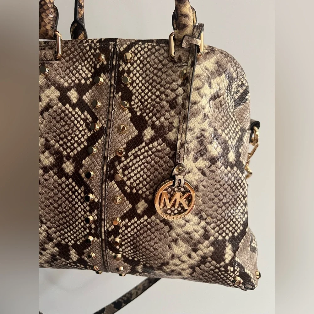 Michael Kors Astor Studded Snake-Embossed Leather Satchel handbag